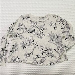 Anthropologie White Long-Sleeve Tee with Black Floral Line Print